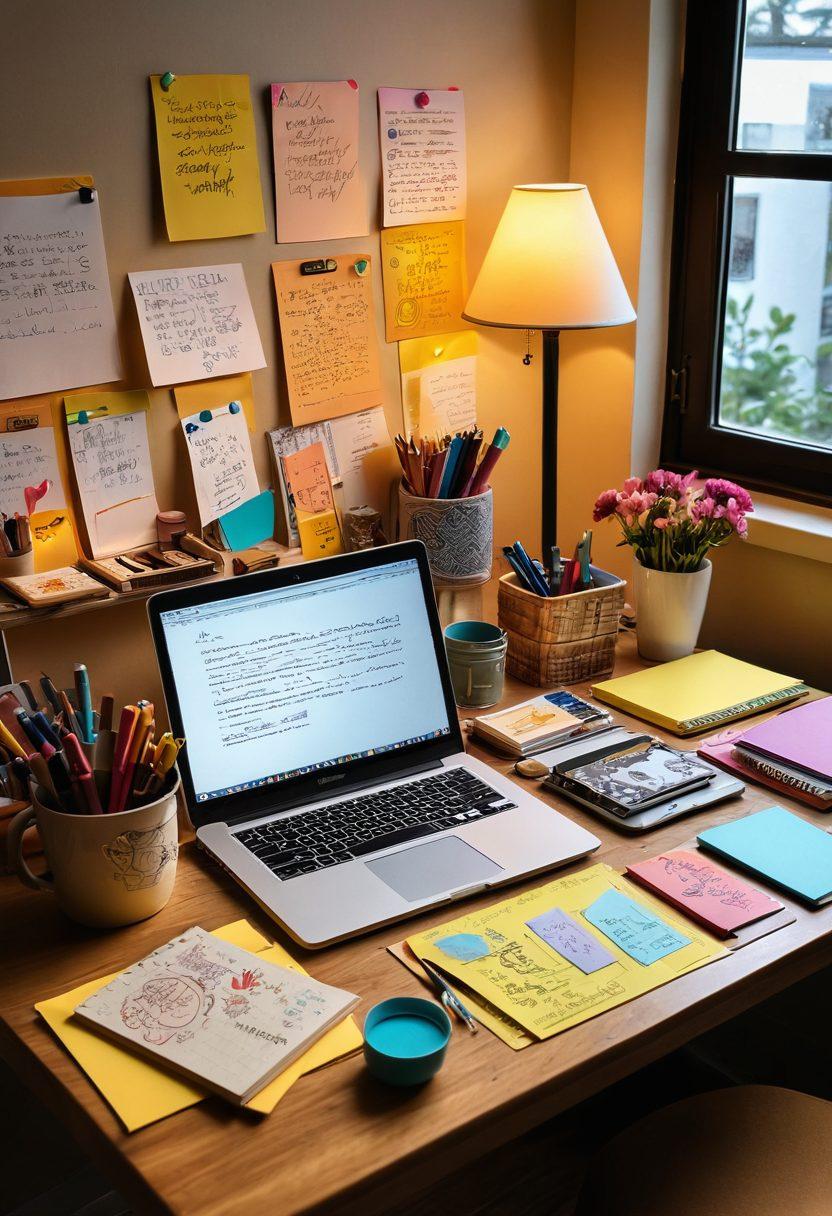An artist's desk filled with colorful writing tools, a notebook open to a page with doodles and brainstorming ideas, surrounded by inspiring quotes on sticky notes, a warm glow from a lamp creating a cozy atmosphere, a laptop displaying a digital writing platform. vibrant colors. cozy home office style.