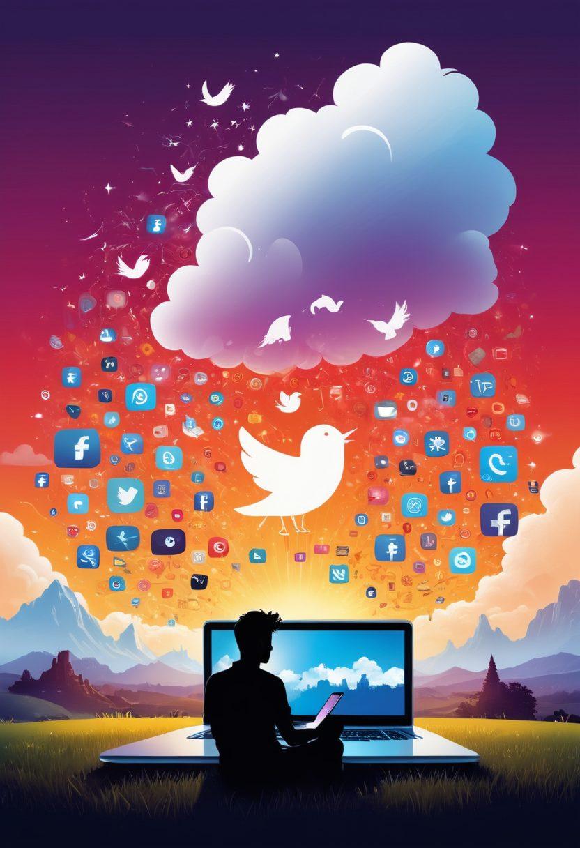 A whimsical landscape featuring an open book with glowing pages, surrounded by a digital cloud of social media icons like a Twitter bird, Facebook thumbs up, and a YouTube play button. In the background, a silhouette of a person typing on a laptop, symbolizing the fusion of creativity and technology. Include vibrant colors and elements of fantasy to evoke curiosity and imagination. vector art. vibrant colors. white background.
